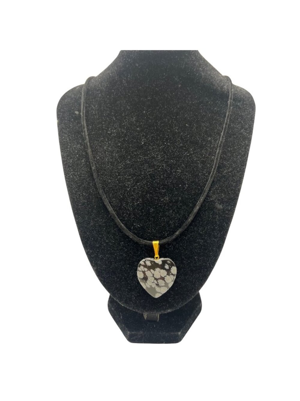 Snowflake Obsidian Heart Pendant Necklace Black Cord  Gold-Tone 20+2" Healing